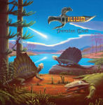 Piirretty Ilum-bändin esikoisalbumin 'Permian Dusk' kansitaide, jossa näkyy muinaisia dinosauruksia, jotka katsovat taivaalta putoavaa kirkasta valopalloa.