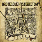 Grotesque Hysterectomy -bändin esikoisalbumin 'Reek' kansikuva, jossa näkyy vanhalle paperille piirretty kuva ihmisistä katsomassa uhrin silpomista.