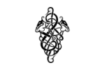 Demonlord-bändin riimumainen logo valkoista taustaa vasten mustalla värillä. Symboli on käärmemäinen ja rönsyilevä, jossa vasemmalla ja oikealla puolella pienet lohikäärmeen päätä muistuttavat muodostelmat.