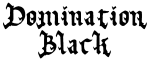 Domination Black -bändin logo mustalla valkoista taustaa vasten. Logossa kummankin sanan ensimmäinen kirjain versaalilla. Yksi sana per rivi. Fonttina goottilainen kirjasin, joka on koristeellinen ja muodoiltaan teräväkulmainen.
