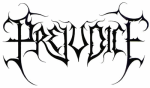 Mustanvärinen Prejudice-bändin logo valkoista taustaa vasten. Logon kirjaimet muistuttavat sakaramaisia piikkejä, risuja. Sanan ensimmäisen ja viimeisen kirjaimen koot suurempia kuin muiden.