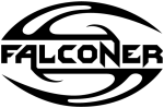 Falconer-bändin logo valkoista taustaa mustalla värillä. Logossa näkyy bändin nimi kirjoitettuna koristeellisin ja hieman futuristisin kirjaimin. Logon ylä- ja alaosassa kierteinen ja terävä koriste peilikuvana.