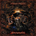 Judas Priestin "Nostradamus"-albumin etukansi. Siinä näkyy maagisia symboleita ja palavasilmaisen parrakkaan miehen naamakuva keskellä kansitaidetta. Yläosassa bändin logo, alaosassa albumin nimi. Tausta on tumma, palava.