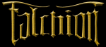 Falcionin logo mustaa taustaa vasten kullankeltaisella värillä. Kuvassa lukee koristeellisin ja goottityylisin kirjaimin yhtyeen nimi siten, että sanan ensimmäisen ja viimeisen kirjaimen yläpuolella on koristeelliset laineet.