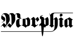 Morphia-bändin logo mustalla valkoista taustaa vasten. Kuvassa kirjaimet goottilaisia, alkukirjain versaalilla. "H"-kirjaimessa koristeelliset vaakasuuntaiset viivat.