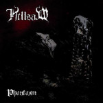 Hellsawin tumma kansitaide "Phantasm"-albumista. Kuvassa vasemman yläkulman kohdalla mustaa taustaa vasten goottilaisella kirjoituksella bändin logo ja vasemmassa alakulmassa albumin nimi samaan meininkiin. Taustalla näkyy blackmetallisti pitämässä piikki