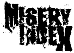 Misery Indexin logo mustalla valkoista taustaa vasten. Logon kirjaimet tuhdit, kuluneet kulmista ja laidoista ja valkoista taustaväriä vasten siten, että yksi sana per rivi. Ensimmäisen sanan alkukirjain ja viimeisen sanan viimeinen kirjain suuremmalla fo