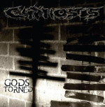 Cyphosis-yhtyeen debyyttialbumin "Gods Torned" etukannessa valokuva tiiliseinästä, johon heijastuu jonkinlaisia säleikköja ja yhtyeen logo kuvan yläosaan. Vasemmassa alakulmassa albumin nimi mustalla värillä ja karuin tikkukirjaimin. Bändilogossa vaaleat 