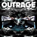 "Outrage"-albumin yläosassa lukee Outragen nimi valkoisella värillä ja suurin muhkein kirjaimin. Logon alla maisema jonkinlaisesta pilvisestä taivaasta ja kanaalista tai jostain veden peittämästä alueesta, jonka reunoilla lentokoneen siipiä muistuttavat s