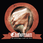 Chthtonian-bändin albumin "The preachings of hate are Lord" etukannessa musta pohjaväri ja sen keskellä suuri punertava omega-symbolia muistuttava merkki. Merkin sisällä ihmisen käsi, joka näyttää peukaloa alaspäin. Symbolin alaosassa valkoisella värillä 