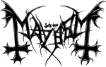 Mayhemin logo mustalla valkoista taustaa vasten. Logossa lukee suurin rönsyilevin kirjaimin kirjoitettuna sana Mayhem siten, että kummatkin m-kirjaimet kuin toistensa peilikuvat.