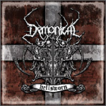 Demonicalin "Hellsworn"-albumin etukannessa näkyy ruosteinen pohjaväri ja sen päällä rautaisin kirjaimin Demonicalin logo. Kuvan alaosassa lukee albumin nimi bannerissa goottilaisin kirjaimin ja mustalla värillä.