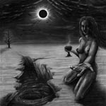 Harmaasävyinen piirros alastomasta naisesta, joka polvillaan jonkinlaisen halkeaman äärellä. Naisella toisessa kädessä höyryävä kuppi. Taustalla näkyy auringonpimennys.