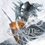 Crimfallin "The Writ of Sword" -albumin etukannessa piirretty harmaasävyinen, kypäräpäinen soturi, jolla oranssinkeltainen kilpi edessään. Kuva on väritykseltään haalea, vaalea ja sinertävä.