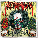 Piirretty ja hyvin räikeä, makaaberikin, kuva Necrophagian uudelle "Deathtrip 69" -albumille. Kuvassa näkyy irvistelevä demoni-ihminen, jolla mustat kutrit ja nahaton alaleuan osa.