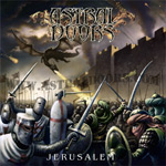 "Jerusalem"-albumin etukannessa vasemmalla ristiryöstöretkeläiset ja oikealla itämaan tietäjät taistelevat lohikäärmeen syöksemän tulimyrskyn alla.