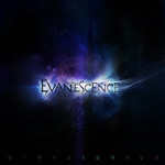 Musta pohjaväri ja sen keskellä Evanescence-logo, joka hohtaa violettina, sinisenä ja valkoisena.