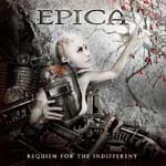Epican "Requiem for the Indifferent" -albumin etukannessa hitsimaskia pitävä kyborgi, jonka yllä Epica-logo.