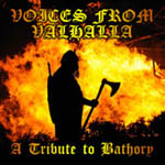 "Voices from Valhalla — a Tribute to Bathory" -kokoelman kannessa liekehtivä alue, jonka edessä kirvettä kädessä pitävän henkilön siluetti.