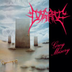 "Grey Misery" -albumin etukannessa piirros suurista symmetrisistä kivipaaseista veden äärellä. Kuvan oikeassa laidassa musta pystypalkki, jonka päällä pinkillä värillä Disgracen logo "Grey Misery" -nimen yllä.