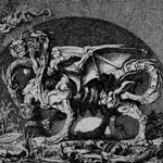 Harmaasävyinen piirros monipäisestä lohikäärmettä muistuttavasta demoniolennosta, jolla nahkasiivet ja häijy ulkomuoto.