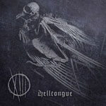 "Helltongue"-albumin etukannessa harmaasävyinen piirros tai valokuva linnun luurangosta. Kuvan alaosassa lukee levyn nimi ja vasemmassa alakulmassa XIII-logo ympyrän sisällä.