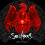 "Eternal Defiance" -albumin etukannessa punainen lohikäärmekuva, jonka siipien seassa näkyy ihmishahmojen kasvoja. Alaosassa Suidakra-logo.