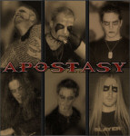 Apostasy-bändin kuusi jäsentä omissa pikkukuvissaan, jotka on asetettu rinnakkain. Kuvien keskellä, päällä lukee punaisella 'Apostasy'. Kuvassa näkyvillä miehillä corpse-maskeja naamalla.