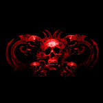 Vader-bändin pääkallomainen symboli mustaa taustaa vasten. Kuvassa verenpunaisella näkyvä paljasta pääkallo, jonka ympärillä tribaalimaisia kuvioita. Kallon ympärillä kummallakin sivulla kaksi pienempää pääkalloa.