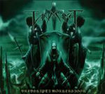 Vanmakt-bändin 'Vredskapta Mörkersagor' -albumin kansikuva, joka on vihreäsävyinen ja tumma piirros valtaistuimella istuvasta olennosta. Kannen yläosassa yhtyeen logo, alaosassa albumin nimi.