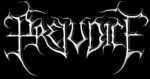 Prejudice-yhtyeen logo vaalealla värillä mustaa taustaa vasten. Logon kirjaimet muistuttavat hieman salamaniskua muodoiltaan.