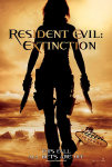 Resident Evil: "Extinction" -elokuvan juliste, jossa näkyy naishahmon siluetti aavikoituneen kaupungin raunioiden edustalla. Naisella mahdollisesti veitset kummassakin kädessään.
