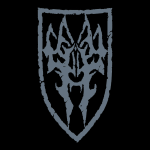 The Legion -yhtyeen sinertävä vaakunamainen logo mustaa taustaa vasten. Logo on kuin vaakuna, tai kilpi. Sen kuvioina keskellä abstrakteja kuvioita.
