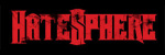 Verenpunainen Hatesphere-logo mustaa taustaa vasten. Ensimmäinen kirjain suurempi kuin muut, samoin 'S'–kirjain. Fontti on jykevä ja kulmikas ja se on osittain kulunut.